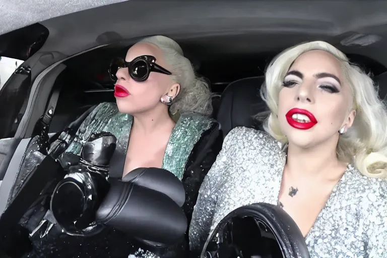 Image similar to lady gaga and judy garland carpool karaoke, highly realistic, highly detailed, high resolution, 8 k 4 k,