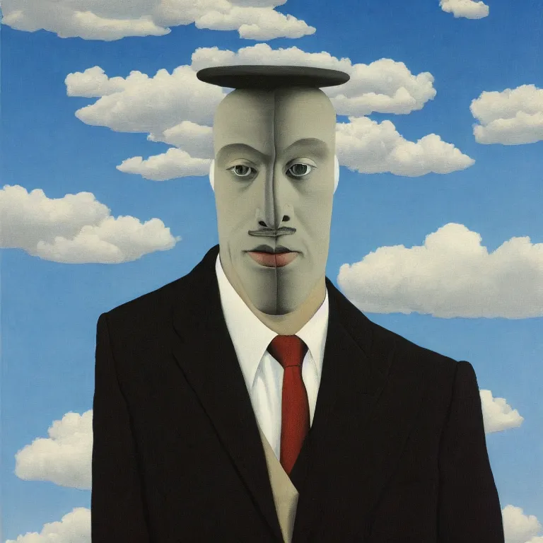 Image similar to portrait of a faceless shadow - head man in a suit, clouds in the background, by rene magritte, detailed painting, distance, middle centered, hd, hq, high resolution, high detail, 4 k, 8 k