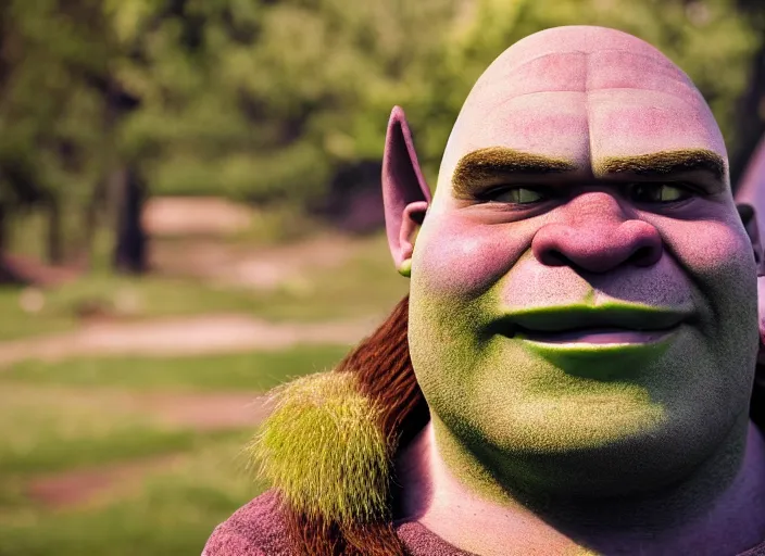 Image similar to portrait photo still of real life shrek, 8 k, 8 5 mm, f. 1 4