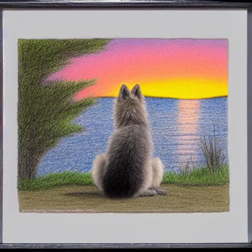 Prompt: rear view of fluffy baby grey wolf sitting on the shore of a pond looking out at the sunset, colored pencil on white background by eloise wilkin