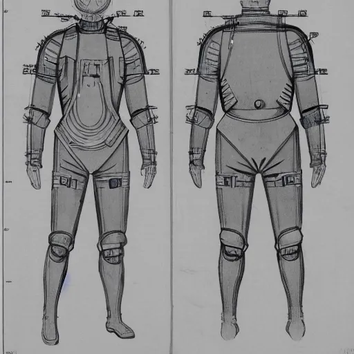 Image similar to blueprint of an armoured diving suit
