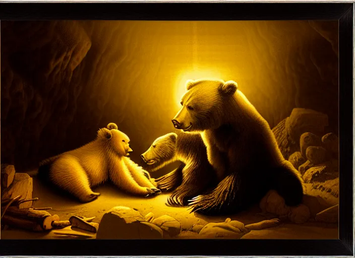 Image similar to Pieter Claesz's 'a bear and her cub sleeping in a dark cave, lit by campfire', night time, cross hatching, backlit, beautiful wooden frame, the colours of the sunset