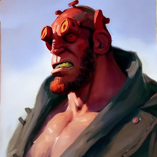 Image similar to greg manchess portrait painting of the hellboy as overwatch character, medium shot, asymmetrical, profile picture, organic painting, sunny day, matte painting, bold shapes, hard edges, street art, trending on artstation, by huang guangjian and gil elvgren and sachin teng