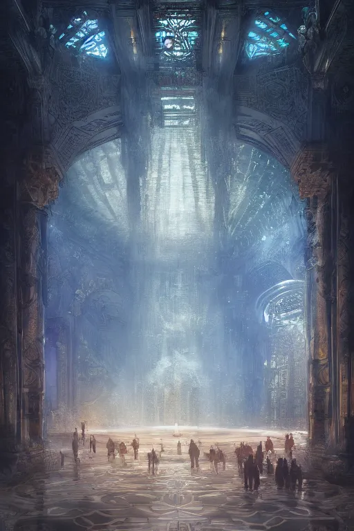 Image similar to inside of an atlantis palace, intricate, elegant, volumetric lighting, digital painting, highly detailed, artstation, sharp focus, illustration, concept art, ruan jia, steve mccurry