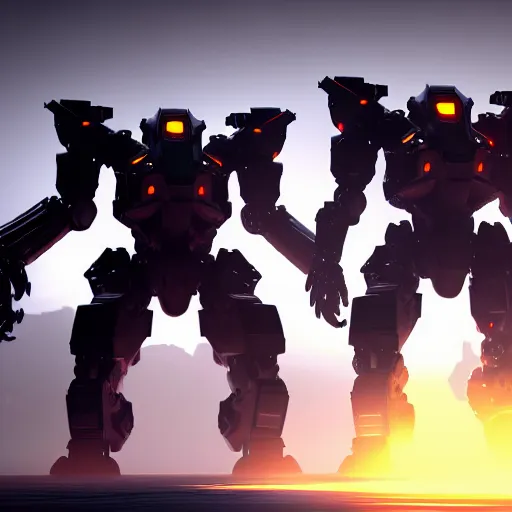 Image similar to futuristic war mechs walking into battle, highly detailed, 4 k, hdr, award - winning, unreal engine, trending on artstation, volumetric lighting