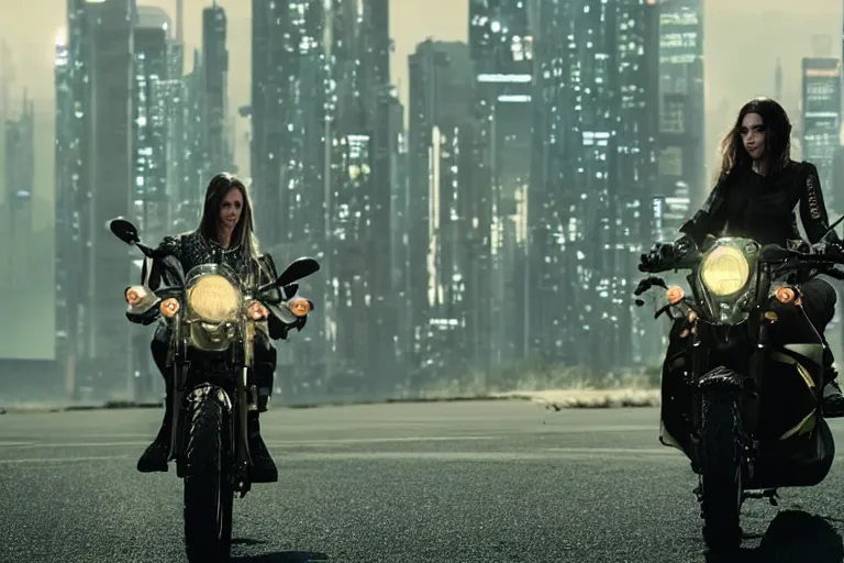 Prompt: cinematography of beautiful cyberpunk woman on motorcycle by Emmanuel Lubezki