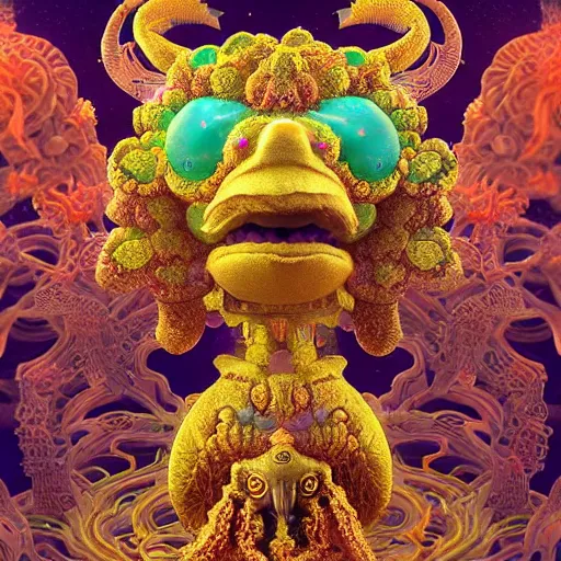 Image similar to 3 d muppet goddess frontal view full body, astral projection, with ram golden skull. beautiful intricately detailed japanese fractal kitsune mask and clasical japanese kimono. betta fish, jellyfish fractal, bio luminescent, plasma, ice, water, wind, creature, mandelbulb, fractal, artwork by tooth wu and wlop and beeple and greg rutkowski