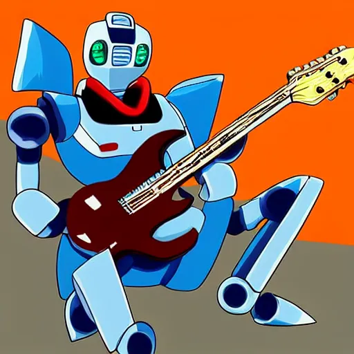 Image similar to A cell animation of a robot playing guitar, macross, gundam, ghibli style, illustration, anime, trending on artstaion