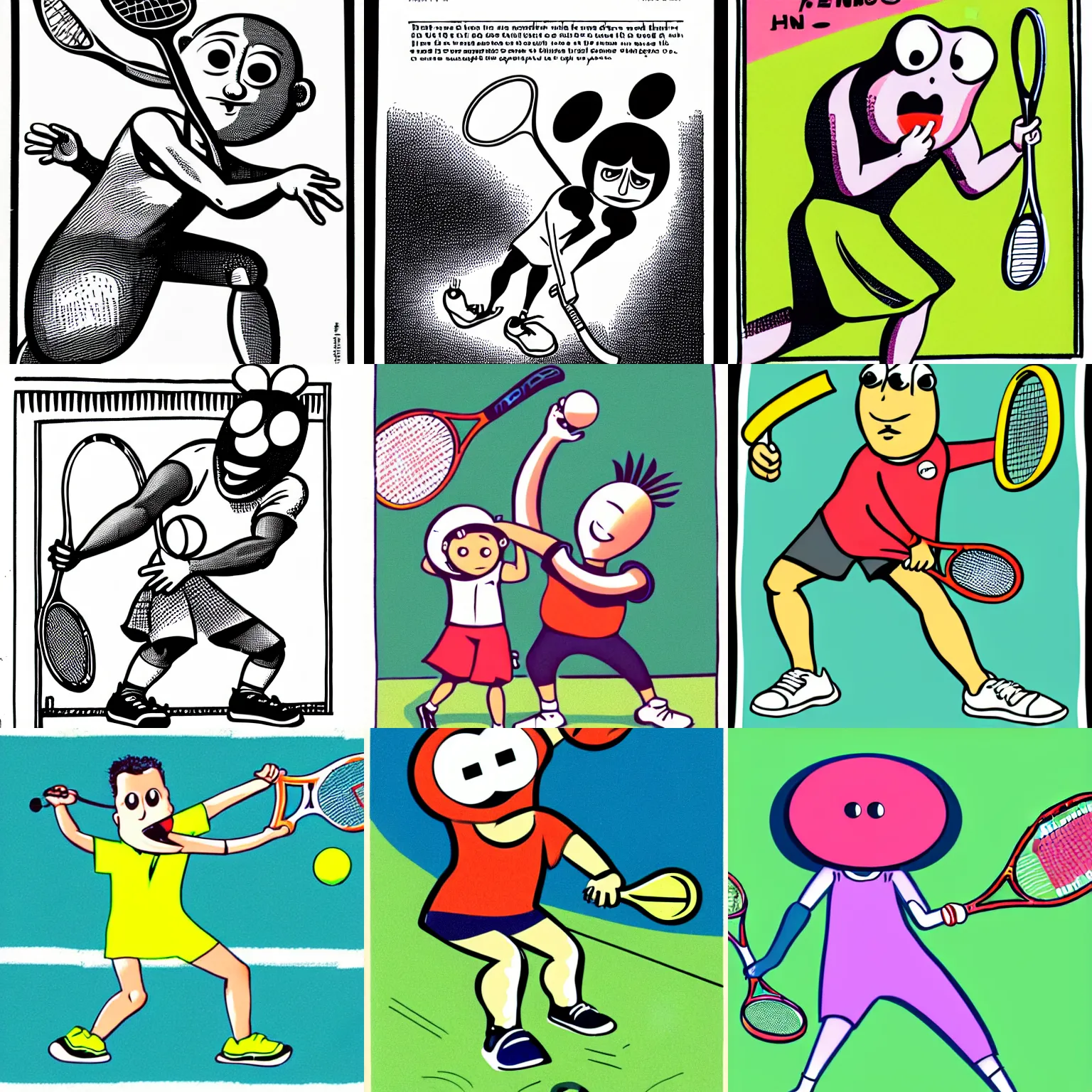 Prompt: illustration of anthropomorphic tennis racket with big eyes and arms and legs is playing tennis using a human as a racket, in the style of mad magazine