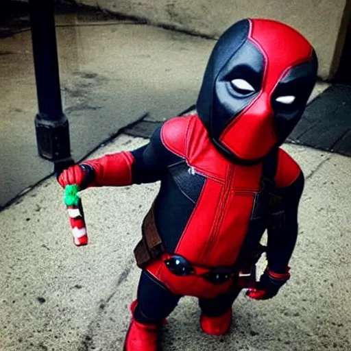 Image similar to a child of Deadpool and penguin would look like