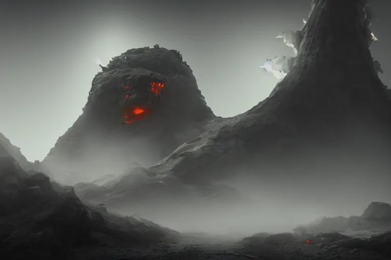 Image similar to amplified ritual engine, closeup portrait of a volcanic monster snake, shrouded in fog, dramatic lighting, unreal engine, cgsociety, artstation, 4k