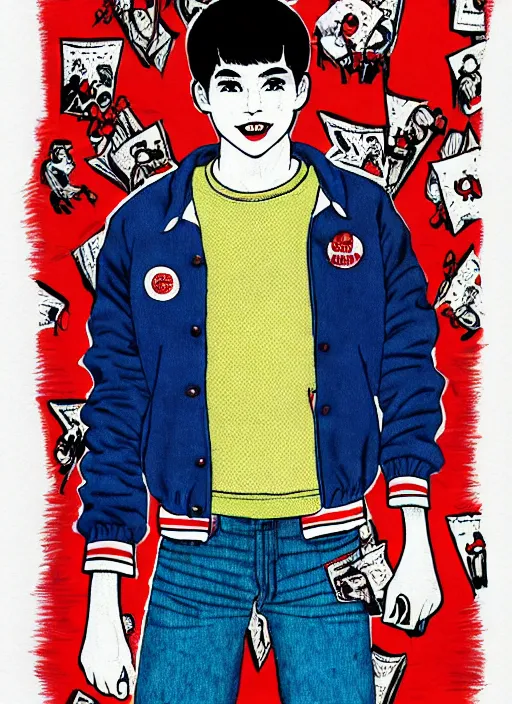 Image similar to portrait of teenage archie andrews, freckles, varsity jacket, intricate, highly detailed, illustration, art by junji ito, junji ito