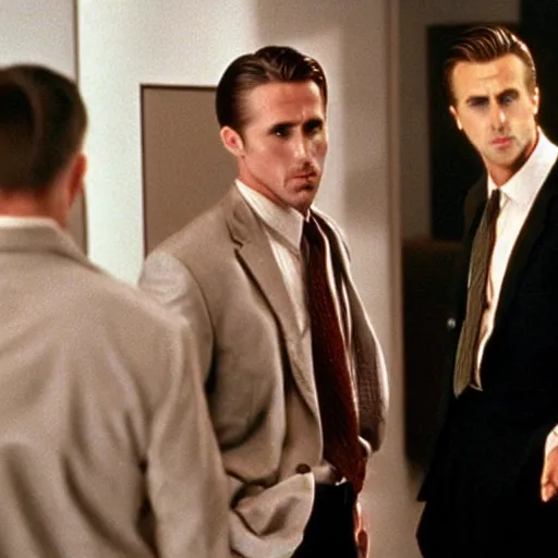 Image similar to ryan gosling clones surrounding christian bale in american psycho ( 1 9 9 9 )