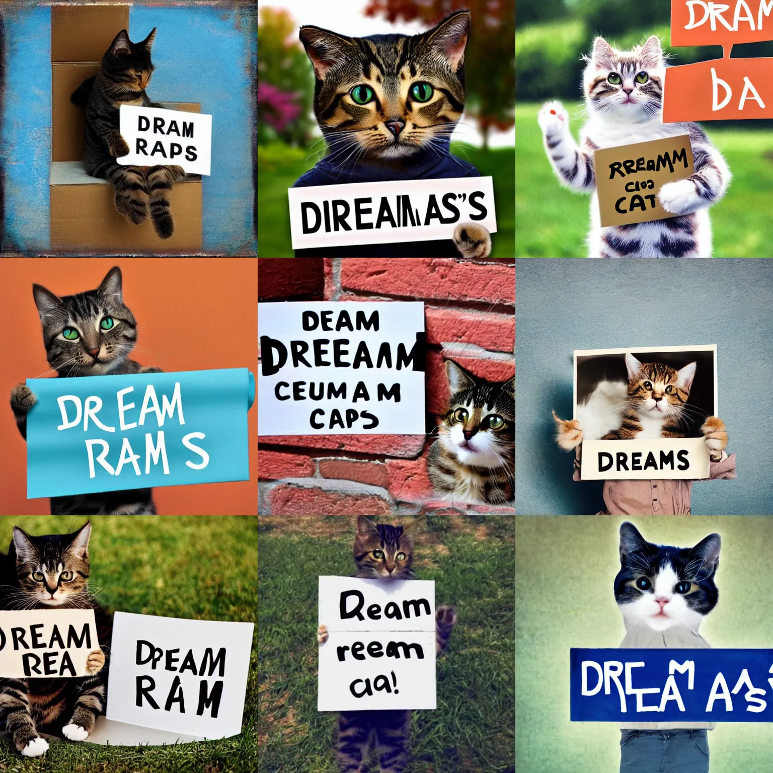 Image similar to realistic high quality photo of a cute cat holding a sign with text that reads : dream cats