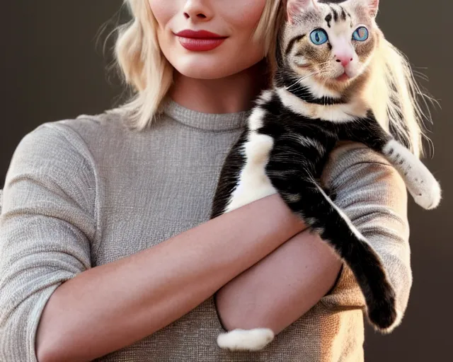 Image similar to A photo of margot robbie holding a beautiful cat, highly detailed, detailed face, beautiful face, blue eyes, 4k, hd, sharp, cinematic