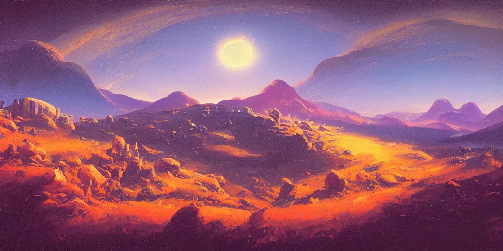 Image similar to a curved perspective cartoon paul lehr narrow night landscape with far away mountains