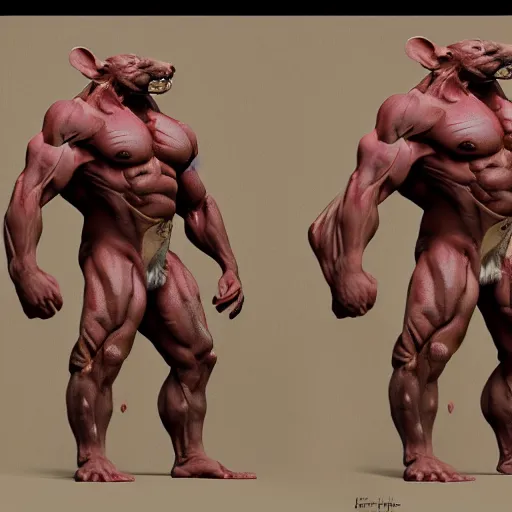 Image similar to rat - man hybrid, body builder body, hyper detailed, digital art, trending in artstation, cinematic lighting, studio quality, smooth render, unreal engine 5 rendered, octane rendered, art style by klimt and nixeu and ian sprigger and wlop and krenz cushart