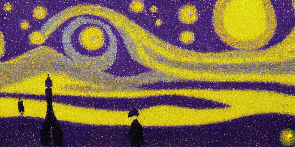 Prompt: starry night, oil painting, yellow and purple scheme, by Georges Seurat