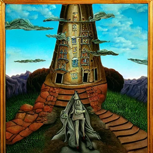 Image similar to the weird Wizard and his quest to topple the wicked tower, surrealist landscape painting