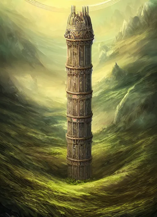 Prompt: an ancient cylindrical multitiered tower, broken concentric rings, rising from a rolling grassland, fantasy digital painting, stunning intricate details, artwork by ross tran, artgerm