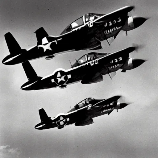 Prompt: black and white photograph of north american p - 5 1 mustangs in flight.