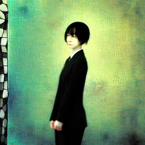 Image similar to yoshitaka amano blurred and dreamy realistic three quarter angle portrait of a young woman with short hair and black eyes wearing office suit with tie, junji ito abstract patterns in the background, satoshi kon anime, noisy film grain effect, highly detailed, renaissance oil painting, weird portrait angle, blurred lost edges