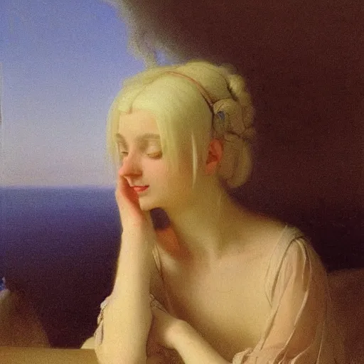 Image similar to a young woman's face, her hair is white and she wears a cobalt blue satin cloak, by ivan aivazovsky and syd mead and moebius and gaston bussiere and roger dean and pieter claesz and paul delaroche and alma tadema and aelbert cuyp and willem claesz, hyperrealistic, volumetric light, octane render