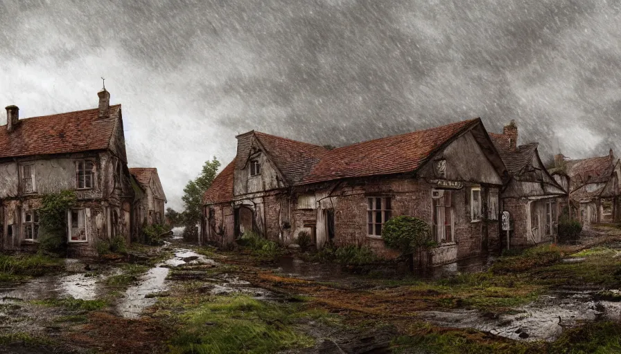 Prompt: Abandoned English village at rainy day, muddy road, old cemetery, sad feeling, grey sky, rusted damaged houses, hyperdetailed, artstation, cgsociety, 8k