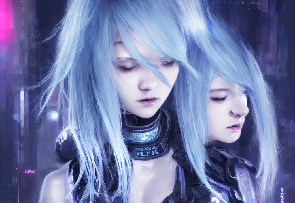 Image similar to portrait grey blue hair of futuristic police girl, black color uniform, at cyberpunk reflected tokyo night, ssci - fi and neon light, fantasy, intricate and beautiful, highly detailed, digital painting, artstation, concept art, smooth and sharp focus, illustration, art by tian zi and wlop and alphonse mucha