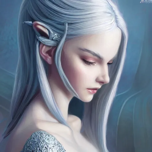 Image similar to teen elf girl, silver hair, gorgeous, amazing, elegant, intricate, highly detailed, digital painting, artstation, concept art, sharp focus, illustration, art by Ross tran, by artgerm