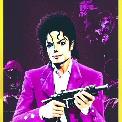 Prompt: Michael Jackson with a gun at a vaporwave themed place