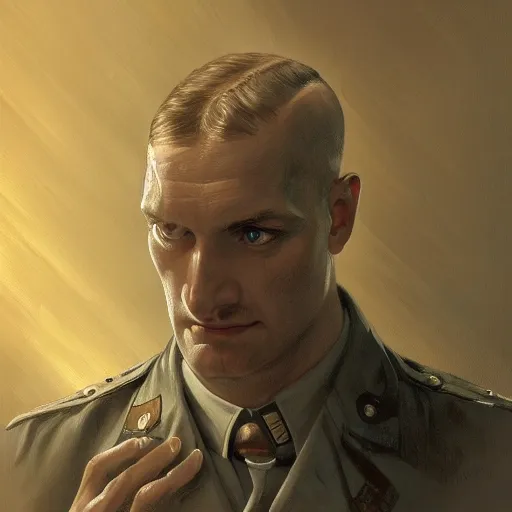 Image similar to portrait of a nazi character, highly detailed, digital painting, artstation, concept art, wallpaper, smooth, sharp focus, illustration, art by h. r. giger and artgerm and greg rutkowski and alphonse mucha