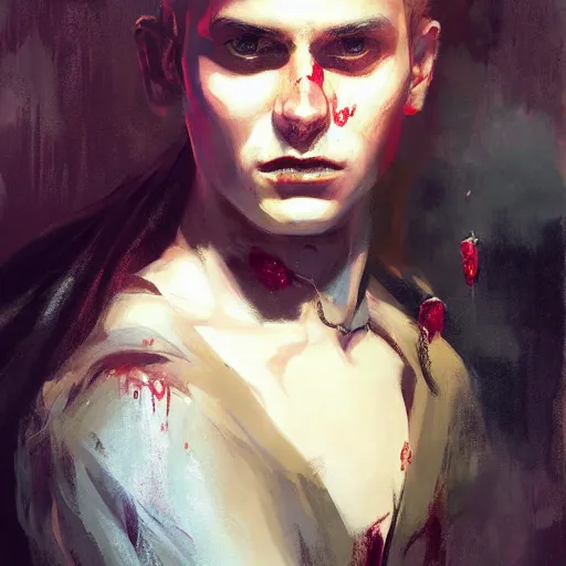 Prompt: an oil art close up portrait of young vampire mage with blood magic in style of disco elysium character, dark paladin character design from d & d, art by anders zorn, wonderful masterpiece by greg rutkowski, beautiful cinematic light, american romanticism by greg manchess, jessica rossier