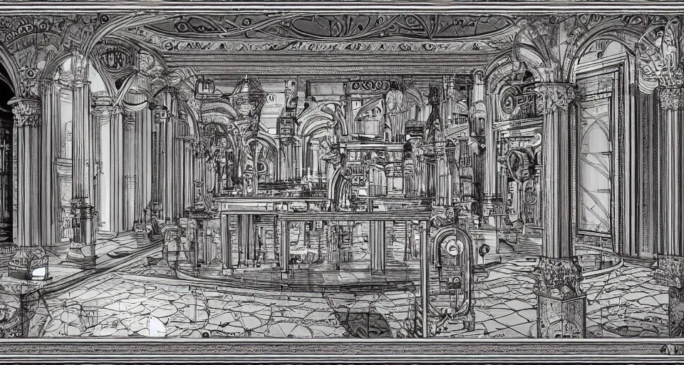 Image similar to extremely technical and detailed blueprint with precise technical details and complex diagrams. engineering diagrams, center frame, intricate details, ultra-detailed, baroque style, illustration, desaturated, concept art