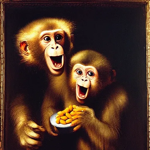 Prompt: a anthropormorphic tin can of heinz beans opening its mouth holding a monkey to its mouth renaissance oil painting rembrandt