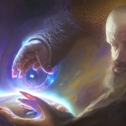 Image similar to the creator of worlds wearing a cloak and holding a holographic planet projection in his hand, detailed, sci - fi, digital painting, artstation, sharp focus, illustration, ominous, artgerm, tomasz alen kopera, peter mohrbacher, donato giancola, joseph christian leyendecker, wlop, frank frazetta