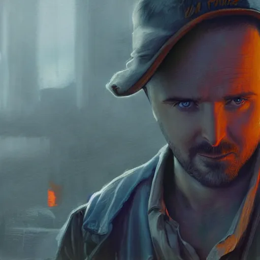 Prompt: a digital portrait painting of an aaron paul bounty hunter, matte painting, hyper realistic, very detailed, dramatic scene, orange and blue colors, realistic lighting, dark fantasy, 4 k, in the style of greg rutkowski,