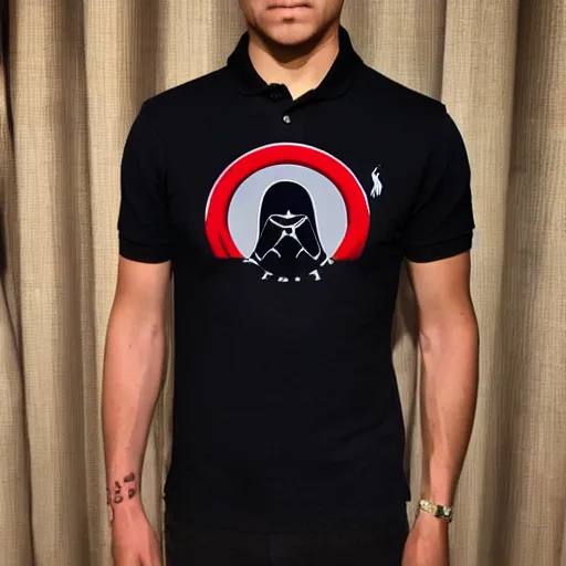 Prompt: A Ralph Lauren polo shirt but the symbol is swapped with the face of Kylo Ren with a smirk on his face