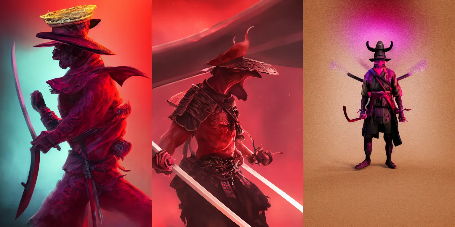 Prompt: Half-length portrait of a demon wearing an asian rice hat and a katana. Volumetric lighting, bloom, shadows. Red, magenta lighting. Fantasy, digital painting, HD, 4k, detailed.