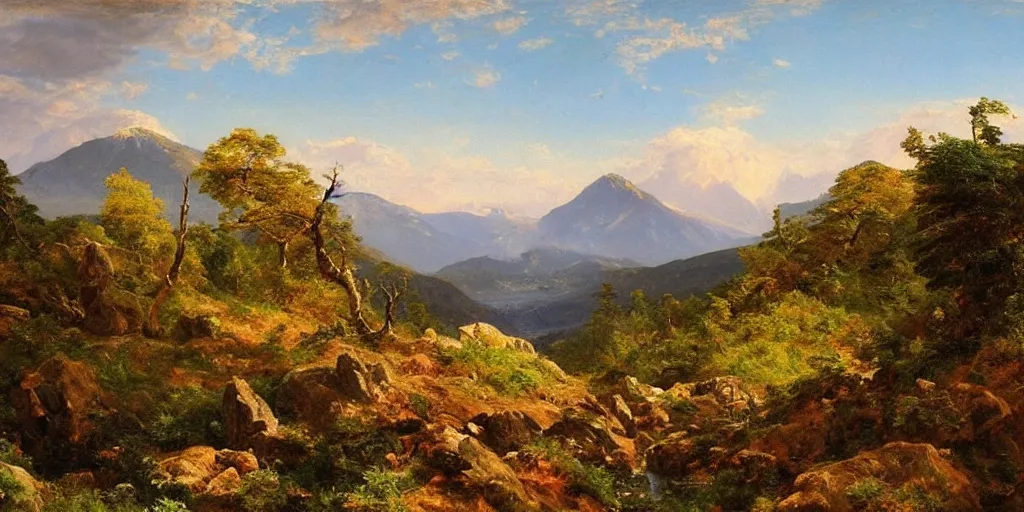 Image similar to a beautiful landscape painting of a rocky valley with patches of woodland, by frederic edwin church, oil on canvas, highly detailed, hd, 4 k