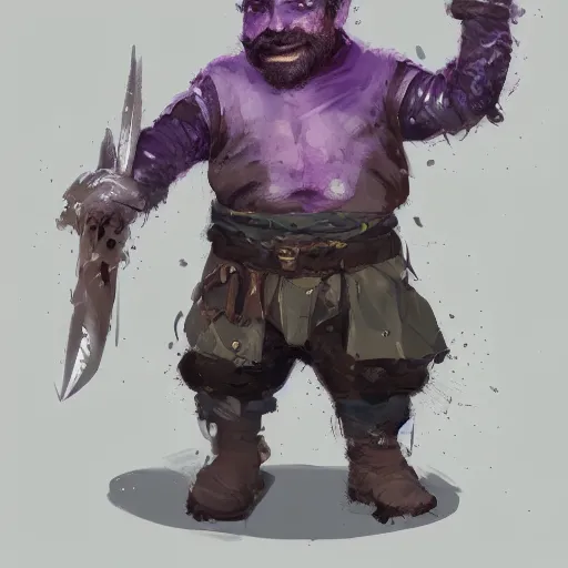 Prompt: male dwarf youth adventurer with purple skin, by Ismail Inceoglu, wearing leather adventuring clothes, shabby, short, kid, bald, wielding knife, happy grin, character portrait closeup, digital art, dungeons and dragon, character