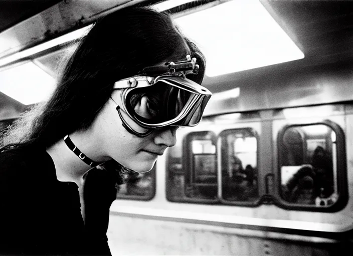 Image similar to close - up portrait of a young woman wearing a choker and welding goggles, in a subway, richard avedon, tri - x pan