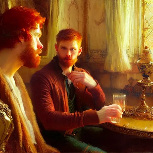 Image similar to attractive mike with ginger hair with attractive tyler with brunet hair, drinking their hearts out, in their noble mansion. highly defined painting, highly detailed painting by gaston bussiere, craig mullins 8 k