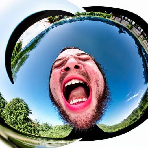 Image similar to angry man with foaming mouth, sweating profusely, gritted teeth, fisheye photography