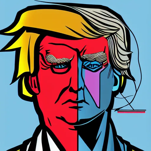 Image similar to cyberpunk donald trump, sharp lines, digital, artstation, colored in