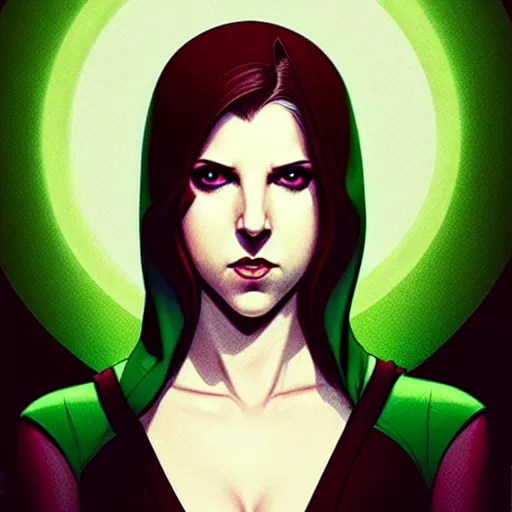 Prompt: Phil Noto comic art, artgerm, cinematics lighting, beautiful Anna Kendrick supervillain Enchantress, green dress with a black hood, angry, symmetrical face, Symmetrical eyes, full body, flying in the air over city, night time, red mood in background