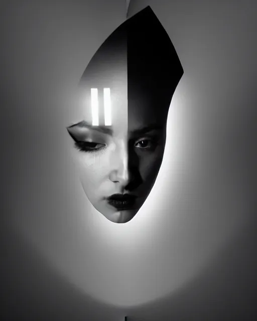 Prompt: black and white high quality photo of a female AI-queen-dragon-meshes-mannequin-cyborg looking into a sci-fi mirror, volumetric lighting, brutalism, foggy, dreamy, hyperdetailed, bokeh, photorealistic, cinematic, masterpiece, elegant, dark, by Man Ray in the style of Horst P. Horst, octane render, 8K,