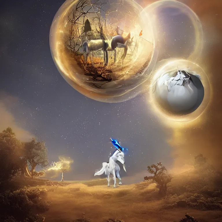 Image similar to Magical glowing sphere in midair, with a unicorn inside it. A white celestial unicorn is trapped inside the sphere. A burnt landscape is in the background. The sphere is held up by sinister rusting steel pincers that reach from the ground, and has a unicorn inside it. Digital art, by Gerald Brom