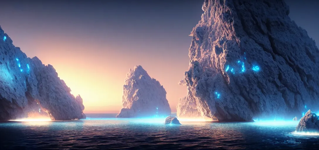 Image similar to octane render uhd, 8 k art photography, filmic lighting, cinematic art shot, hyperrealistic, hyperdetailed, super detailed, 8 k, high resolution, mysterious strangle glowing crystalline structure made of white rocks in the far distance, 8 k uhd matte painting by ross tran and ivan aivazovsky, black water, midnight