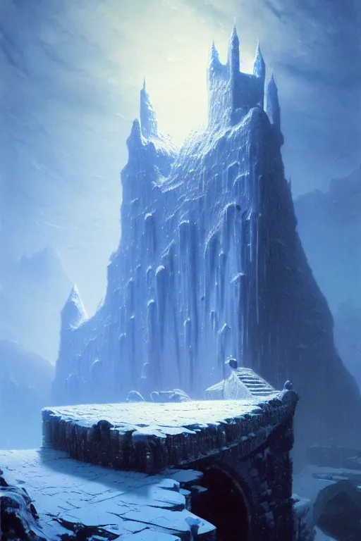 Prompt: castle of ice by bruce pennington and gustave courbet, 4 k, hd, amazing details, sharp focus, post - processing, smooth, sharp focus, artstation hd, by greg rutkowski